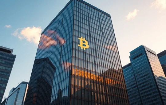 Tokyo financial district skyscraper with Bitcoin symbol reflection at sunset