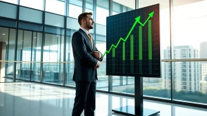 Businessman in suit looking at Bitcoin price chart on large digital display in modern office