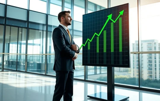 Businessman in suit looking at Bitcoin price chart on large digital display in modern office