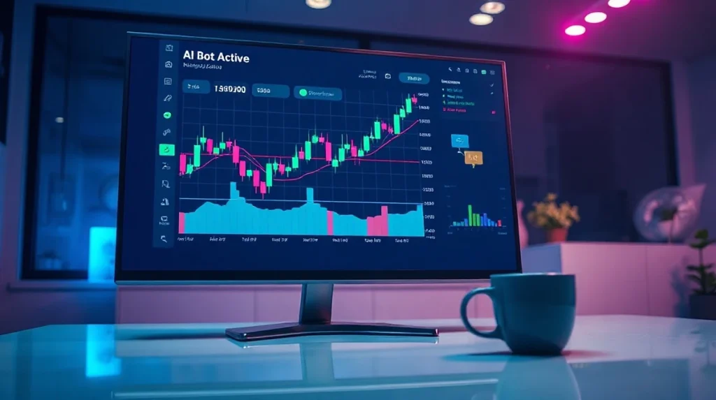 AI trading bot interface on a monitor showing cryptocurrency charts in a modern office