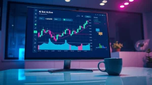 AI trading bot interface on a monitor showing cryptocurrency charts in a modern office