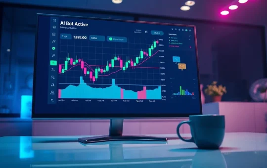 AI trading bot interface on a monitor showing cryptocurrency charts in a modern office