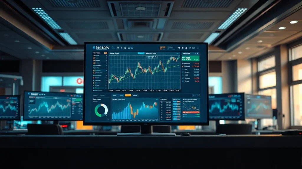 AI trading interface showing prediction market data on a large screen in a modern office