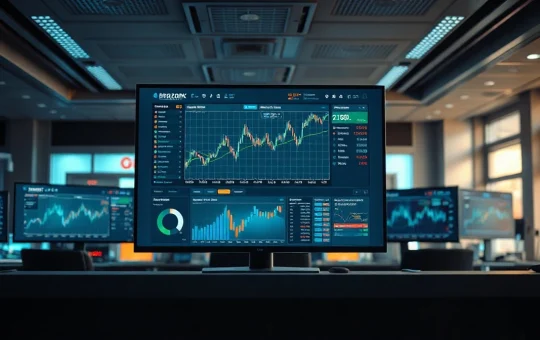 AI trading interface showing prediction market data on a large screen in a modern office