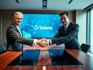 Business handshake in a modern boardroom with a digital network screen showing Solana blockchain graphics in the background