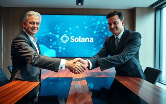 Business handshake in a modern boardroom with a digital network screen showing Solana blockchain graphics in the background