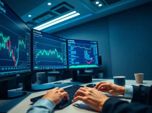 Trading desk monitors showing cryptocurrency price charts and E*TRADE platform interface