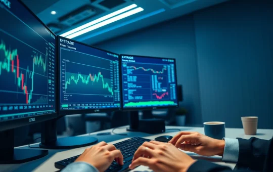 Trading desk monitors showing cryptocurrency price charts and E*TRADE platform interface