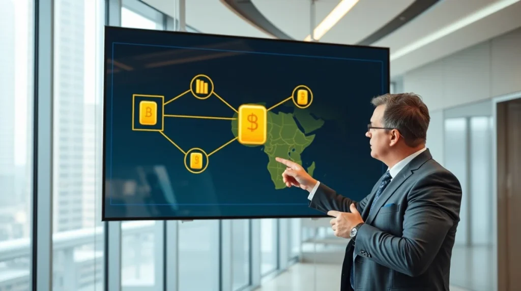 Dubai office with blockchain screen showing Ghana gold tokenization
