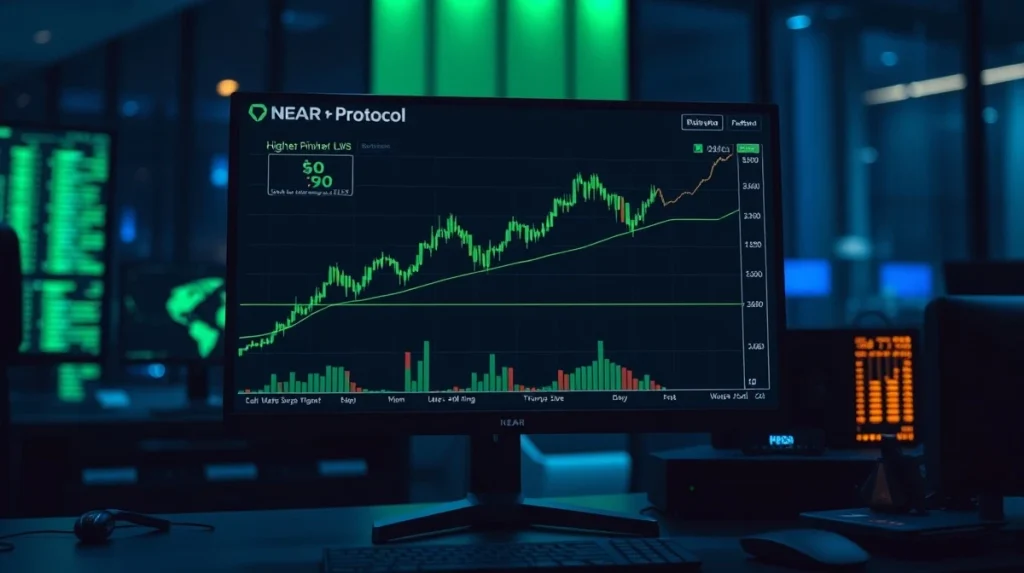 NEAR Protocol price chart showing higher lows and volume surge on trading monitor