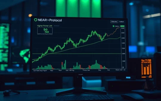 NEAR Protocol price chart showing higher lows and volume surge on trading monitor