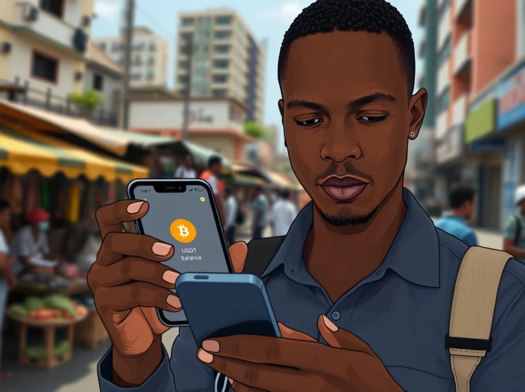 A person in Nigeria uses a smartphone to manage USDT stablecoins for daily transactions and remittances.