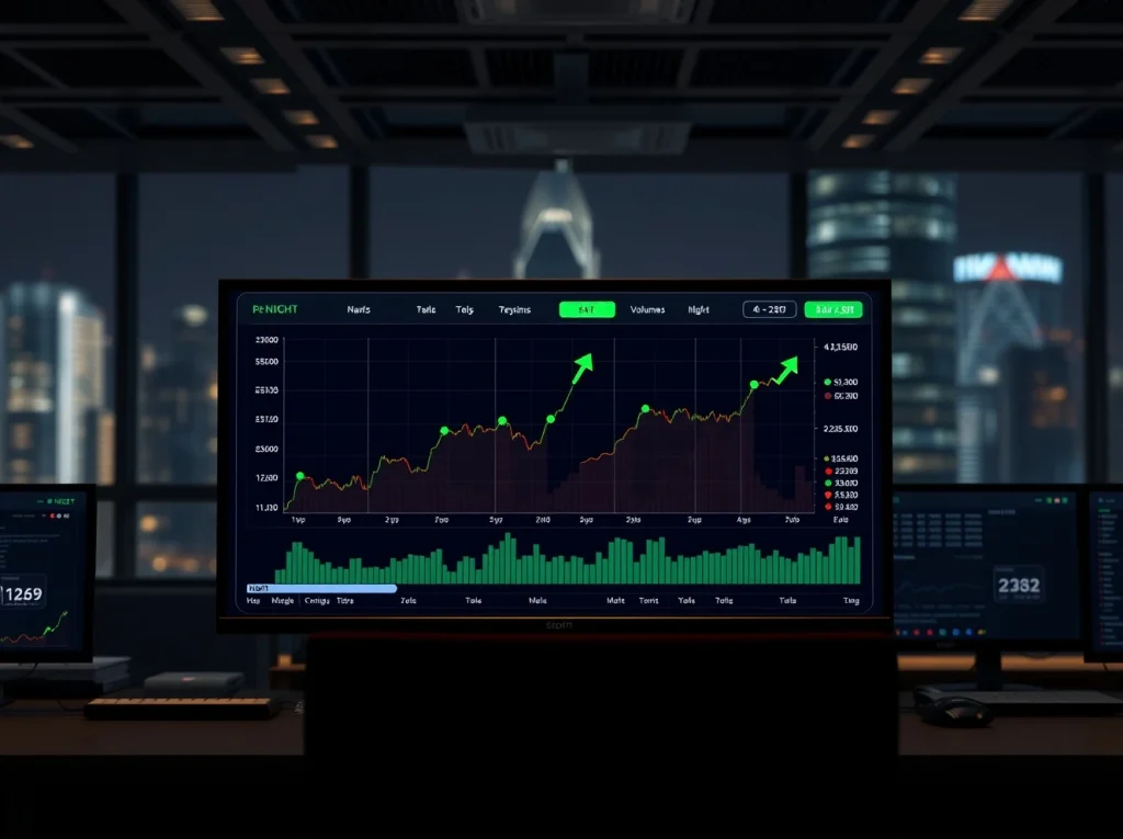 NIGHT token trading chart on a monitor in a dimly lit trading office, representing its status as one of crypto's most traded assets.