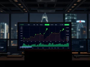 NIGHT token trading chart on a monitor in a dimly lit trading office, representing its status as one of crypto's most traded assets.