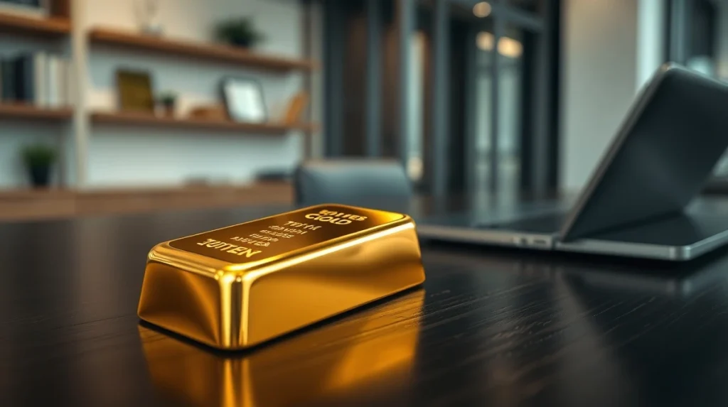 Gold bar with digital blockchain reflection representing gold-backed stablecoin concept