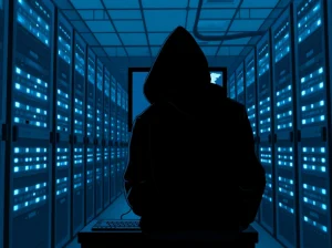 North Korea crypto theft: Shadowy figure in server room with DPRK map on monitor, representing hacking allegations.