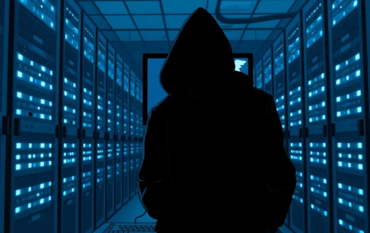 North Korea crypto theft: Shadowy figure in server room with DPRK map on monitor, representing hacking allegations.