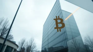 Exterior of a modern office building in Oslo, Norway, with a faint Bitcoin reflection on the glass.