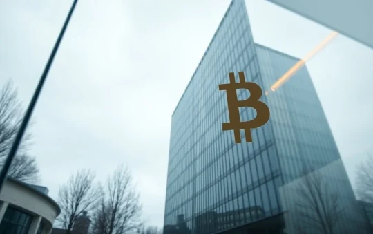 Exterior of a modern office building in Oslo, Norway, with a faint Bitcoin reflection on the glass.