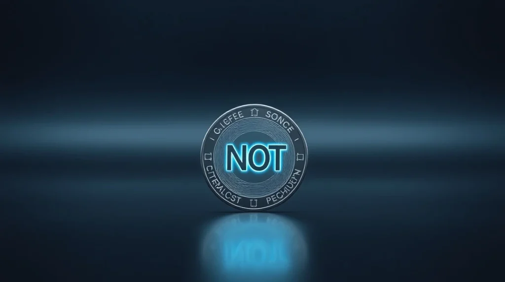 A close-up of a digital token with the NOT symbol on a dark reflective surface, representing the Notcoin cryptocurrency.