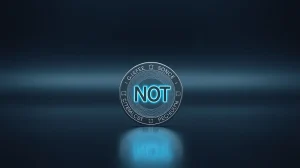 A close-up of a digital token with the NOT symbol on a dark reflective surface, representing the Notcoin cryptocurrency.