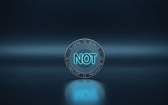 A close-up of a digital token with the NOT symbol on a dark reflective surface, representing the Notcoin cryptocurrency.