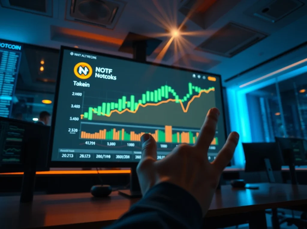 Trader analyzing rising Notcoin price chart on a digital display in a modern office