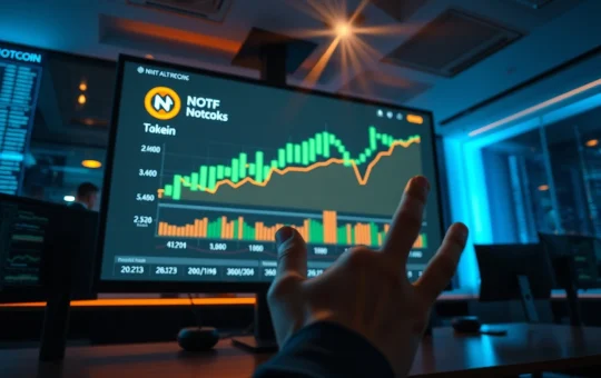 Trader analyzing rising Notcoin price chart on a digital display in a modern office