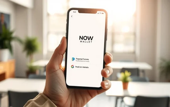 NOW Wallet app interface showing perpetual futures and prediction markets on a smartphone screen