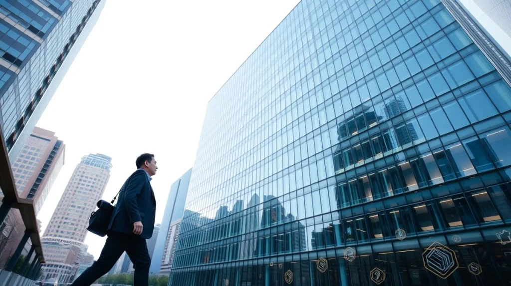 Modern office building in Seoul representing South Korea's financial and crypto exchange sector