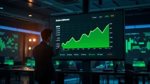 ONDO price chart with active addresses up 300% displayed on a newsroom screen