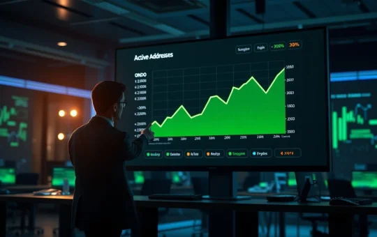 ONDO price chart with active addresses up 300% displayed on a newsroom screen