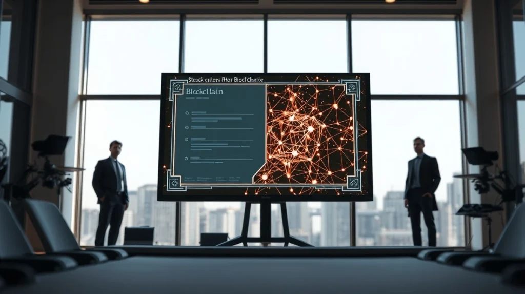 Digital stock certificate transforming into a blockchain network in a modern office