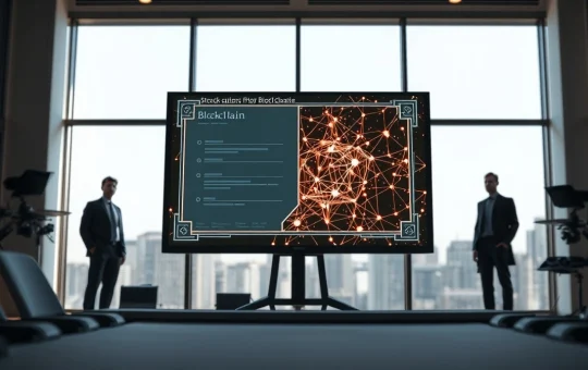 Digital stock certificate transforming into a blockchain network in a modern office