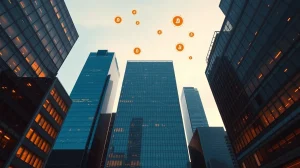 Ondo Finance joins DTCC Industry Working Group for US capital markets tokenization, featuring a modern financial district skyline with digital overlay.
