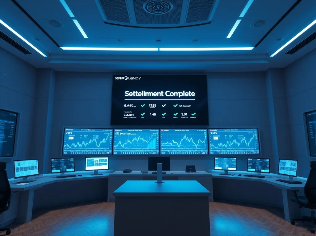 Real-time treasury settlement completed on XRP Ledger, displayed on digital screens in a modern financial control room.