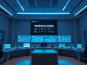 Real-time treasury settlement completed on XRP Ledger, displayed on digital screens in a modern financial control room.