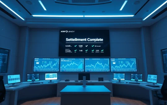 Real-time treasury settlement completed on XRP Ledger, displayed on digital screens in a modern financial control room.