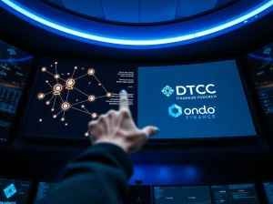 Professional financial control room with screens showing blockchain network and DTCC tokenization interface