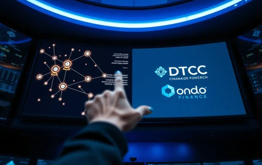 Professional financial control room with screens showing blockchain network and DTCC tokenization interface