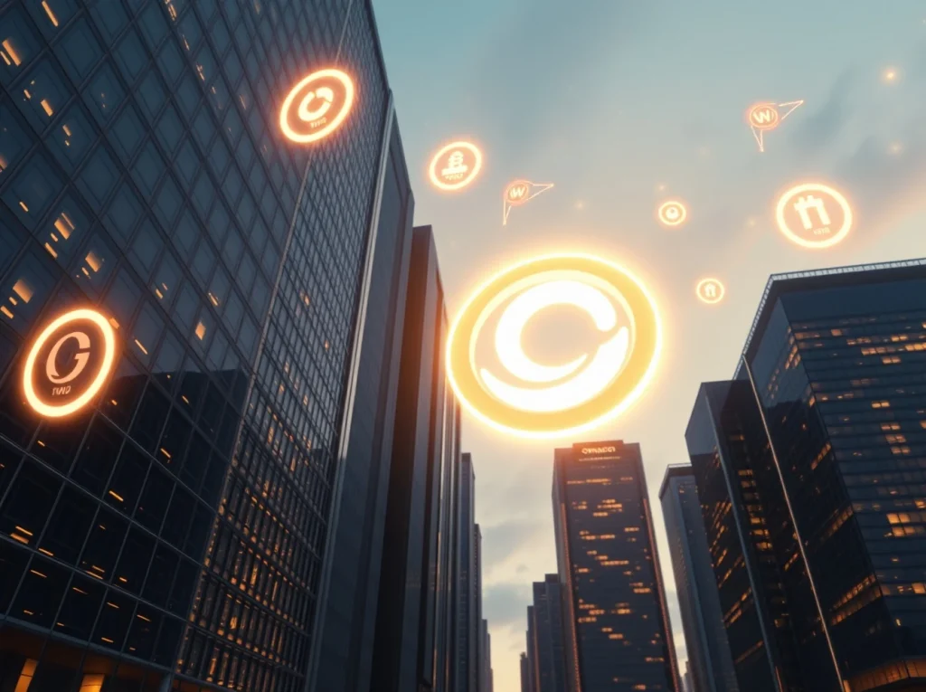ONDO price outlook: A glowing ONDO token symbol floats above a futuristic cityscape, representing the RWA leader's growing strength in cryptocurrency markets.
