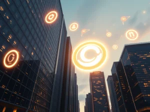 ONDO price outlook: A glowing ONDO token symbol floats above a futuristic cityscape, representing the RWA leader's growing strength in cryptocurrency markets.