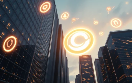 ONDO price outlook: A glowing ONDO token symbol floats above a futuristic cityscape, representing the RWA leader's growing strength in cryptocurrency markets.