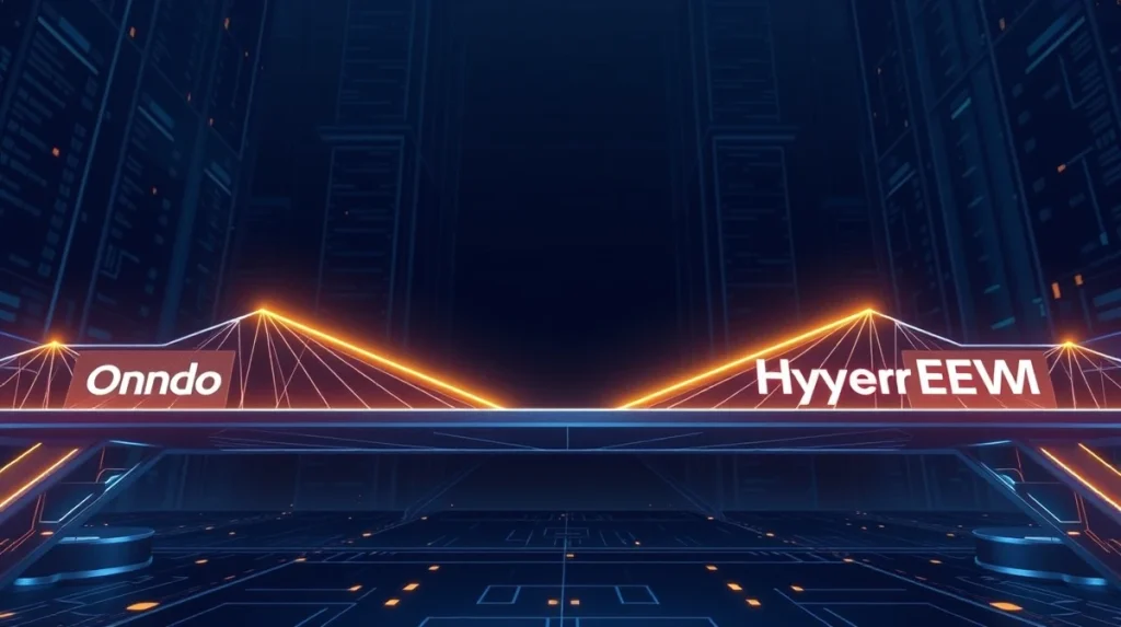 Digital bridge connecting Ondo and HyperEVM blockchain networks with data flow