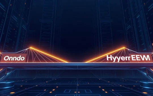 Digital bridge connecting Ondo and HyperEVM blockchain networks with data flow
