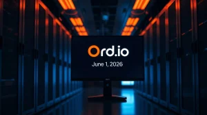 Server room with a monitor showing Ord.io logo and shutdown countdown timer