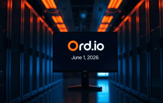 Server room with a monitor showing Ord.io logo and shutdown countdown timer