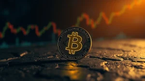 Bitcoin coin with glowing Ordinals inscription symbol on dark stone surface, representing ORDI token market analysis.