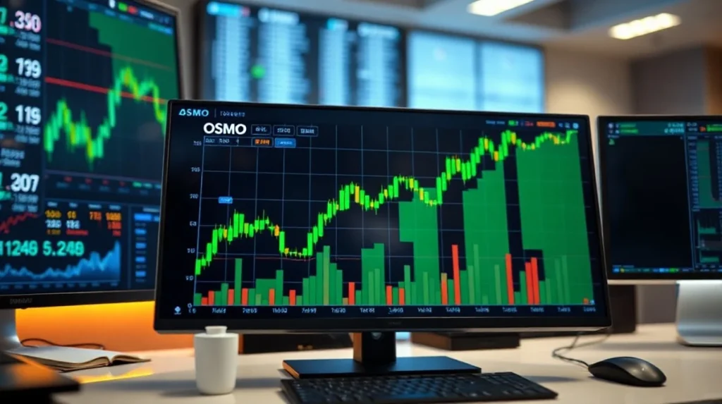 Digital trading dashboard showing a sharp upward price chart for OSMO token during a market rally.