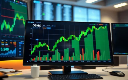Digital trading dashboard showing a sharp upward price chart for OSMO token during a market rally.